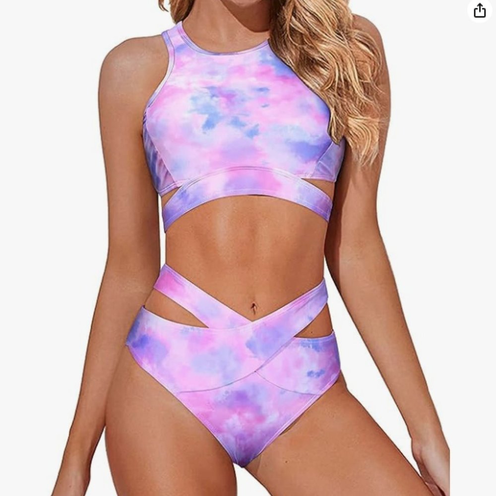 Tempt Me High Neck Criss Cross Tie Dye Bikini Swimsuit NWOT - Picture 1 of 9